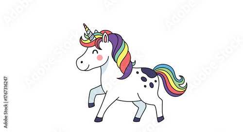 Cute cartoon unicorn with rainbow mane and tail, smiling with rosy cheeks, set against a white background.