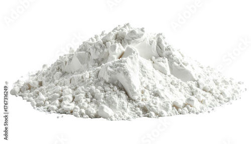 Isolated mound of powdery, bright white substance over dark background, resembling flour or powdered sugar