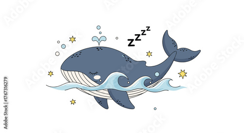 A whimsical illustration showcases a blue whale peacefully sleeping amid gentle ocean waves, surrounded by stars, bubbles, and dreamy 'zzz' symbols.