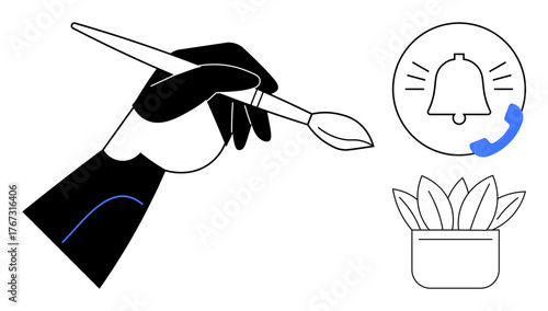 Hand holding a brush with a creative stroke, circular notification alert, and potted plant illustration. Ideal for creativity, notifications, productivity, design, mindfulness, communication