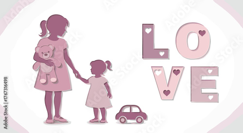 Stylized paper art of two sisters holding hands, one with a teddy bear, beside the word \ 'Family'.