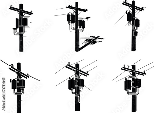 Different utility poles with transformers, insulators, and wires, electrical communication infrastructure illustration, engineering concept, flat vector