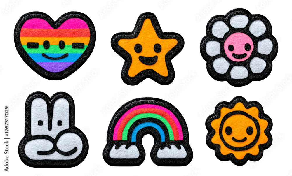 Fototapeta premium Colorful Felt Icons with Smiley Faces for Fun and Joyful Themes