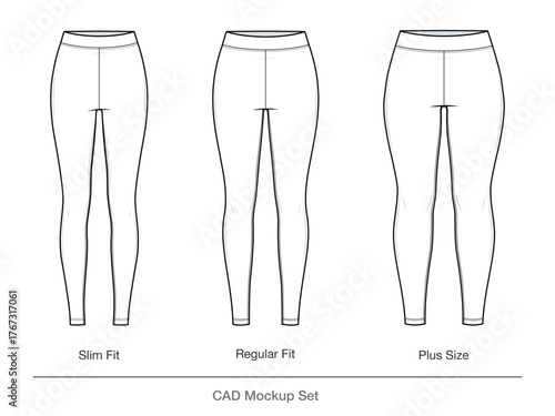 Classic Three Fit Women’s Leggings Technical Fashion Illustration. Slim, Regular, and Plus Size Leggings Vector Template. Front View. Wide Waistband Detail. Activewear Design Comparison CAD Mockup Set