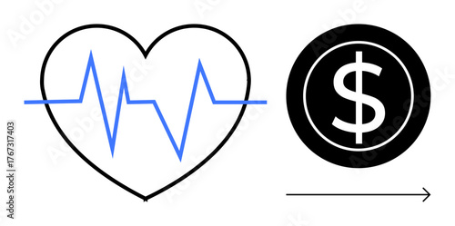 Heart with ECG line next to a dollar coin and arrow, symbolizing health expenses, healthcare funding, financial planning, medical insurance, well-being, economic balance, and cost transparency