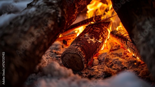Burning logs. Close-up view of burning embers, bonfire, outdoor fireplace scene.