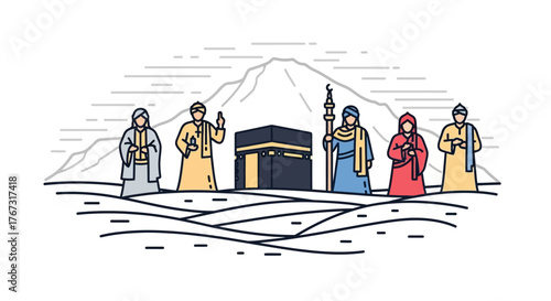 Hajj Pilgrims Praying at Kaaba and Mount Arafat: Colorful Line Art Vector Illustration of Islamic Worship and Rituals.