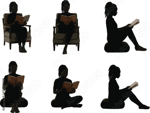 Silhouettes of people reading books in different seated positions, relaxation, study, leisure activity illustration, flat vector