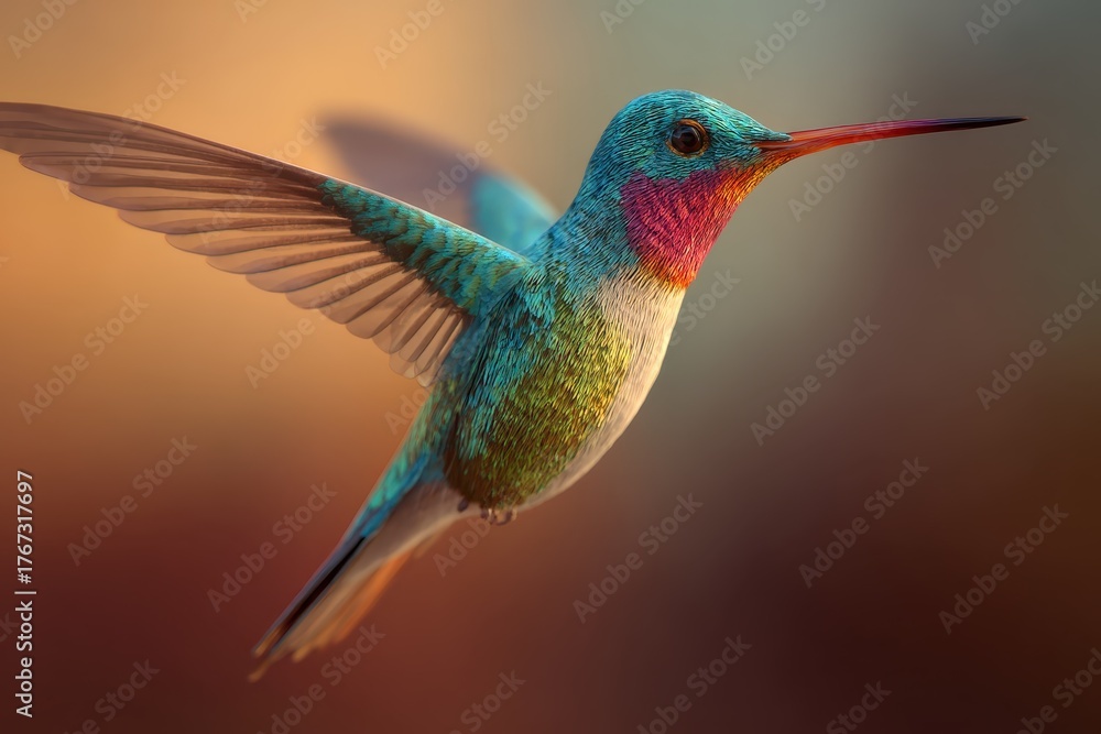 Fototapeta premium Brightly colored hummingbird gracefully hovering in a flower garden during sunset creating a beautiful animated effect with alpha transparency