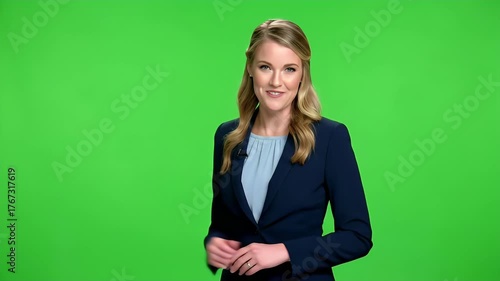 Confident Young Businesswoman in Blazer Smiling on Green Screen Background, Ready for Chroma Key Compositing and Digital Presentation
