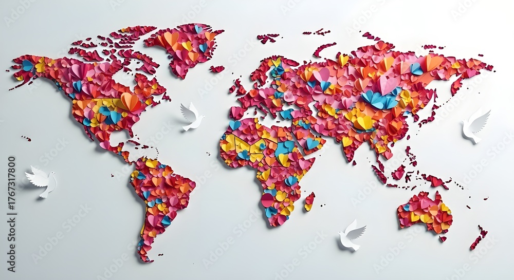 Fototapeta premium Paper Art World Map with Hearts — Symbol of Global Kindness and Unity