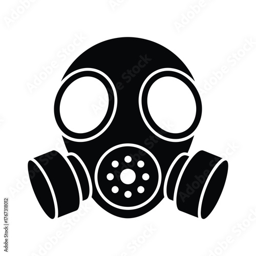 Black silhouette of a vintage gas mask with two canisters and circular eye lenses