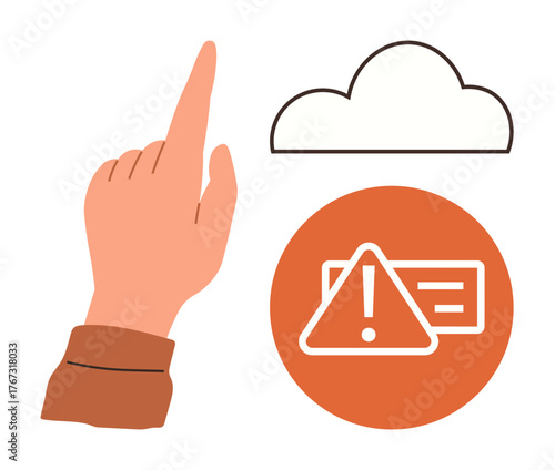 Hand gesture pointing towards cloud with an orange caution icon. Ideal for cloud computing, data security, attention alert, tech warnings, system updates, cautionary actions, simple flat metaphor