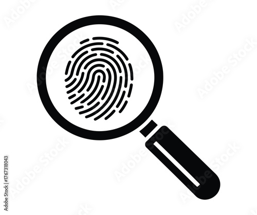 Magnifying glass examining a detailed fingerprint for forensic investigation and identification purposes