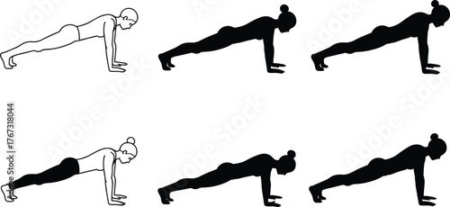 Plank exercise poses, core strength training, fitness workout silhouettes, healthy lifestyle activity, body balance posture, flat vector