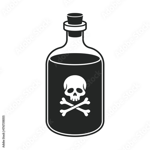 Vintage glass bottle filled with dark liquid and a skull and crossbones symbol warning of poison