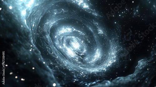 Stunning view of a spiral galaxy in the cosmos, filled with stars and bright light against a dark space backdrop.