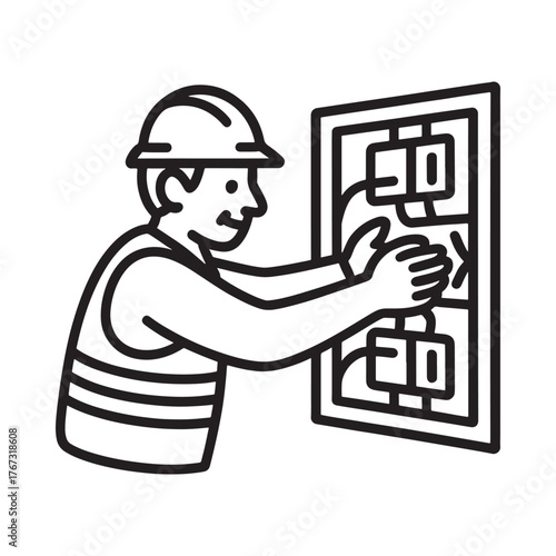 Electrician working on a circuit breaker panel with safety vest and hard hat