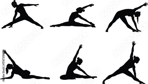 Yoga stretching poses, fitness flexibility balance, meditation exercise practice, healthy lifestyle activity, wellness body movement, flat vector