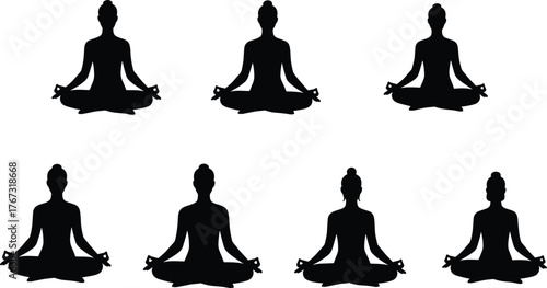 Meditation yoga poses, mindfulness relaxation practice, seated cross‑legged silhouettes, healthy lifestyle activity, wellness inner peace, flat vector