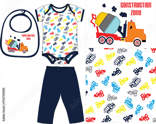 bodysuit truck construction zone all over pattern illustration