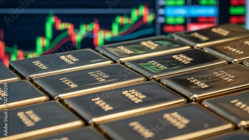 Rows of gold bars with reflective surfaces in foreground and a stock chart in the background