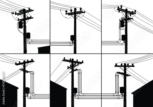 Utility poles with power lines, electrical distribution to buildings, energy infrastructure silhouette illustration, urban electricity, flat vector