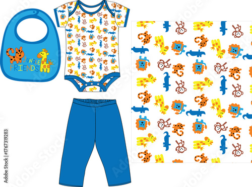 bodysuit with pant animals lion giraffe print design.