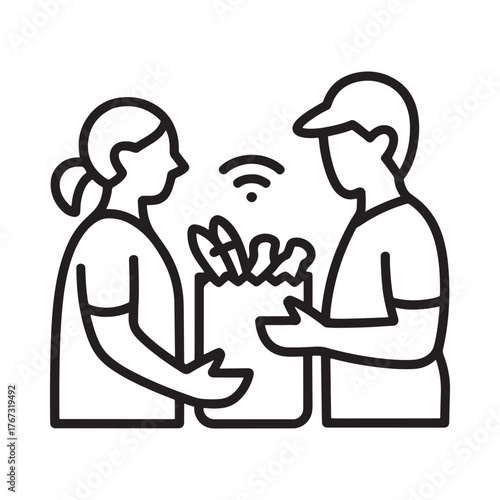 Delivery person handing grocery bag to customer with wifi signal