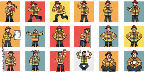 "Firefighter Cartoon Poses and Emotions – Rescue, Stress, Celebration, Meditation, and Heroic Actions for Educational and Creative Vector Use"