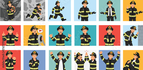 "Cartoon Firefighters in Action – Emergency Rescue, Teamwork, Emotions, and Heroic Poses for Safety, Training, and Educational Vector Use"