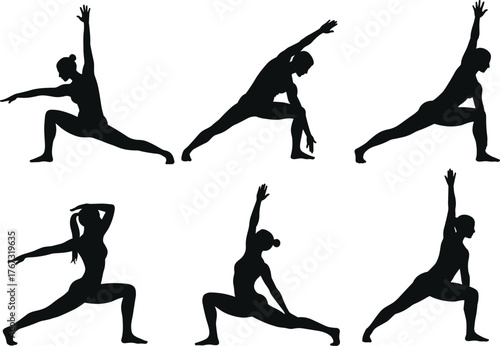 Yoga poses silhouettes, fitness balance flexibility, meditation exercise practice, healthy lifestyle activity, wellness training routine, flat vector