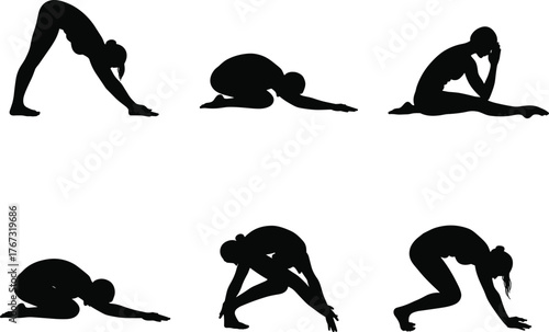Yoga stretching poses, fitness flexibility balance, meditation exercise practice, healthy lifestyle activity, wellness body alignment, flat vector