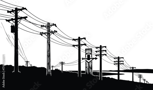 Utility poles with power lines on sloped terrain, electricity distribution, geolocation mapping overlay illustration, infrastructure, flat vector