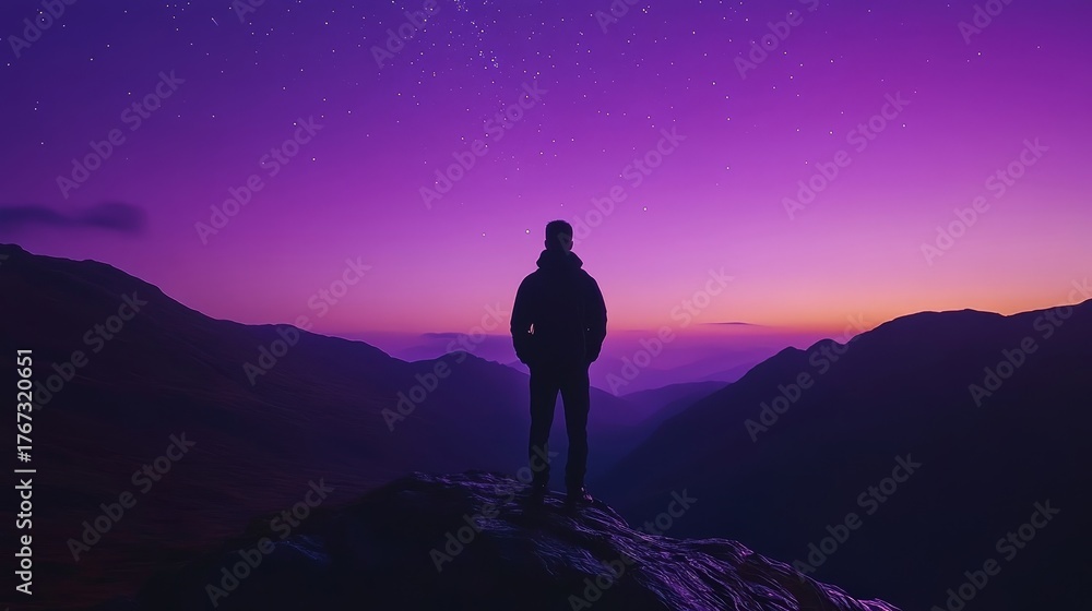 Obraz premium Silhouette of a person against a vibrant purple sky at sunset in the mountains. Peaceful moment in nature.