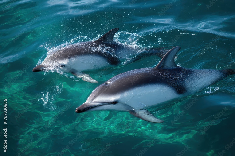 Obraz premium Hectors dolphins swimming together, endangered mother and calf pair in their natural habitat off the coast of New Zealand