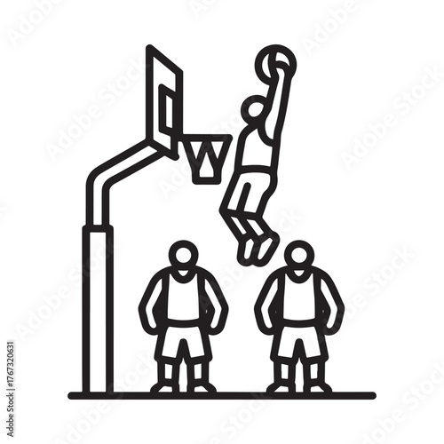 Basketball player dunking the ball with teammates watching