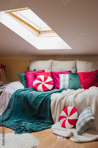 Living room interior. Christmas tree and wreath. New Year celebration. Vacation rentals. Winter holidays and vacations