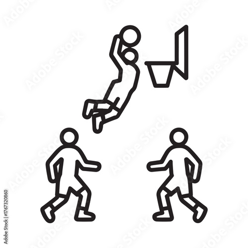 Basketball player performing a slam dunk over defenders