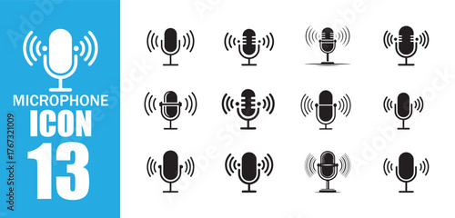 Podcast Microphone Icon Set.  Broadcast Audio Mic Symbols with Signal Waves on White Background