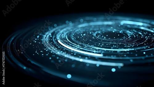 Blue glowing concentric rings with scattered light particles swirling in a dark background, like a futuristic data vortex. Concept Blue glowing concentric rings, Data vortex visualization