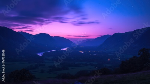 Serene twilight over a valley, mountains surround a glowing river under a purple sky