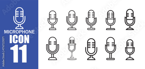11 Microphone Icon.  Vintage Microphone Icon Set.  Retro Audio Mic Symbols Collection on White Background