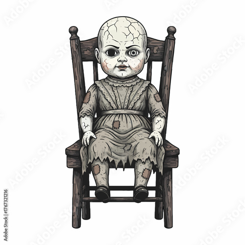 Illustration of a creepy doll sitting in a wooden rocking chair with a cracked face and torn dress on a white background.