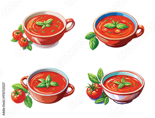 Four bowls of delicious tomato soup with basil and tomato garnishes