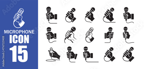 15 Microphone icon. Hand Holding Microphone Silhouette Vector.  Media and Music Icon Design