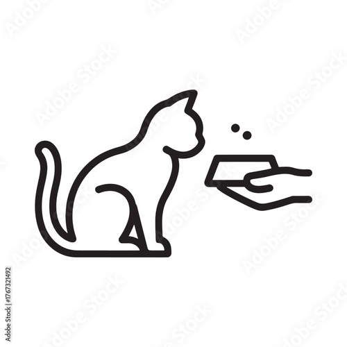Simple line art icon of a cat being fed food from a hand