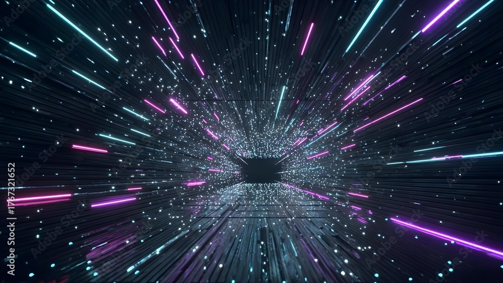 Fototapeta premium Neon blue and magenta light streaks rush through a dark sci‑fi tunnel toward a glowing center, like warp speed through space. Concept Neon blue and magenta light streaks, Dark sci-fi tunnel