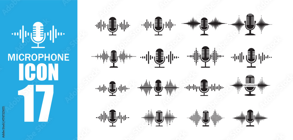 Obraz premium 17 Microphone Icon. Microphone Icon Set with Sound Wave Elements