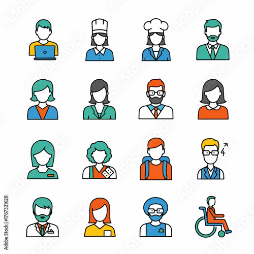 Diverse people avatar icon set with various professions and characters.